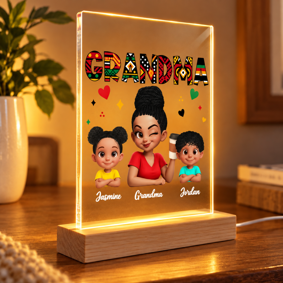 Tribal Pattern Grandma Grandkids Love - Personalized Acrylic Plaque LED Night Light - Gift For Grandma