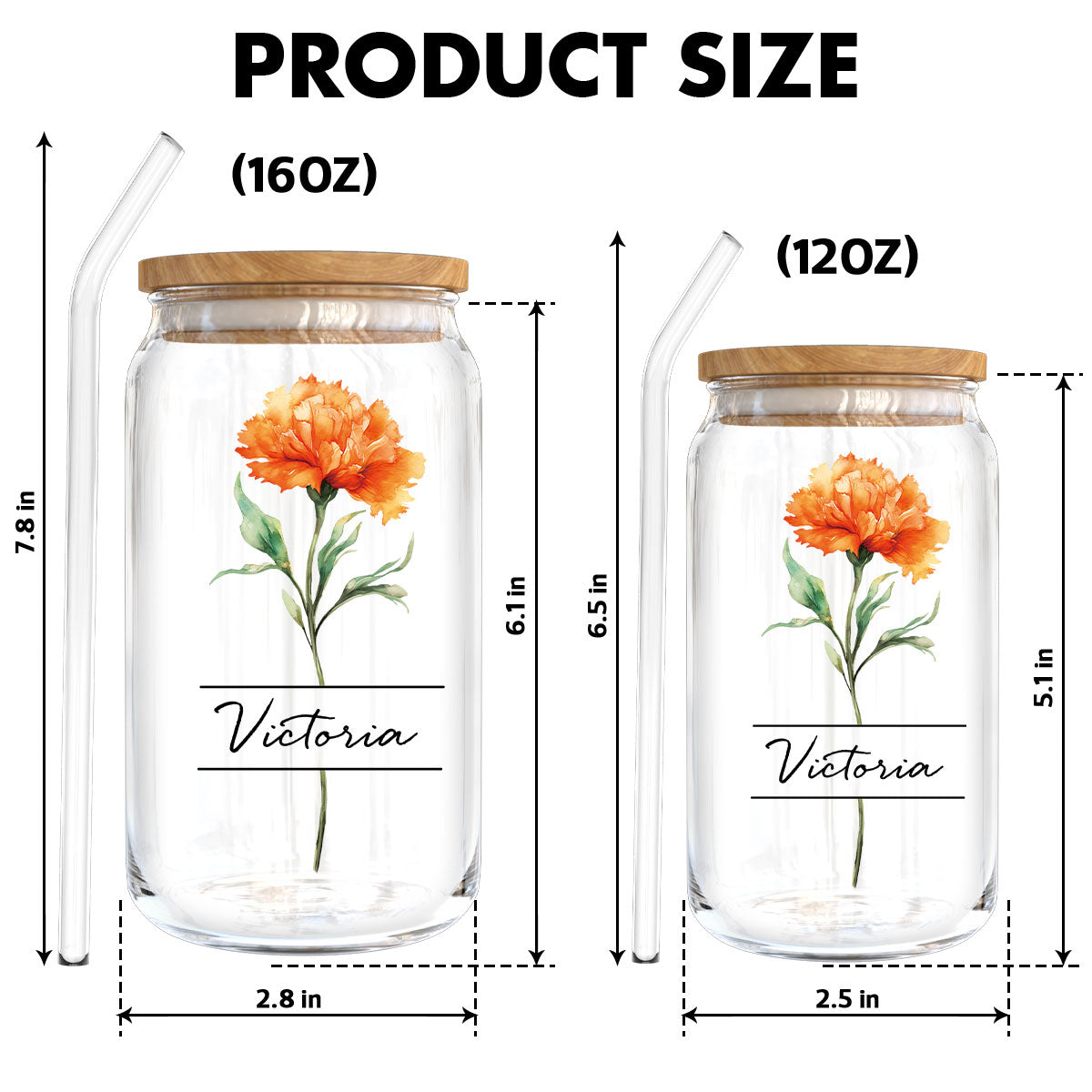 Beautiful Birth Flower With Name Birthday Gift For Friends Mom Grandma Mother‘s Day Gift Personalized Clear Glass Can