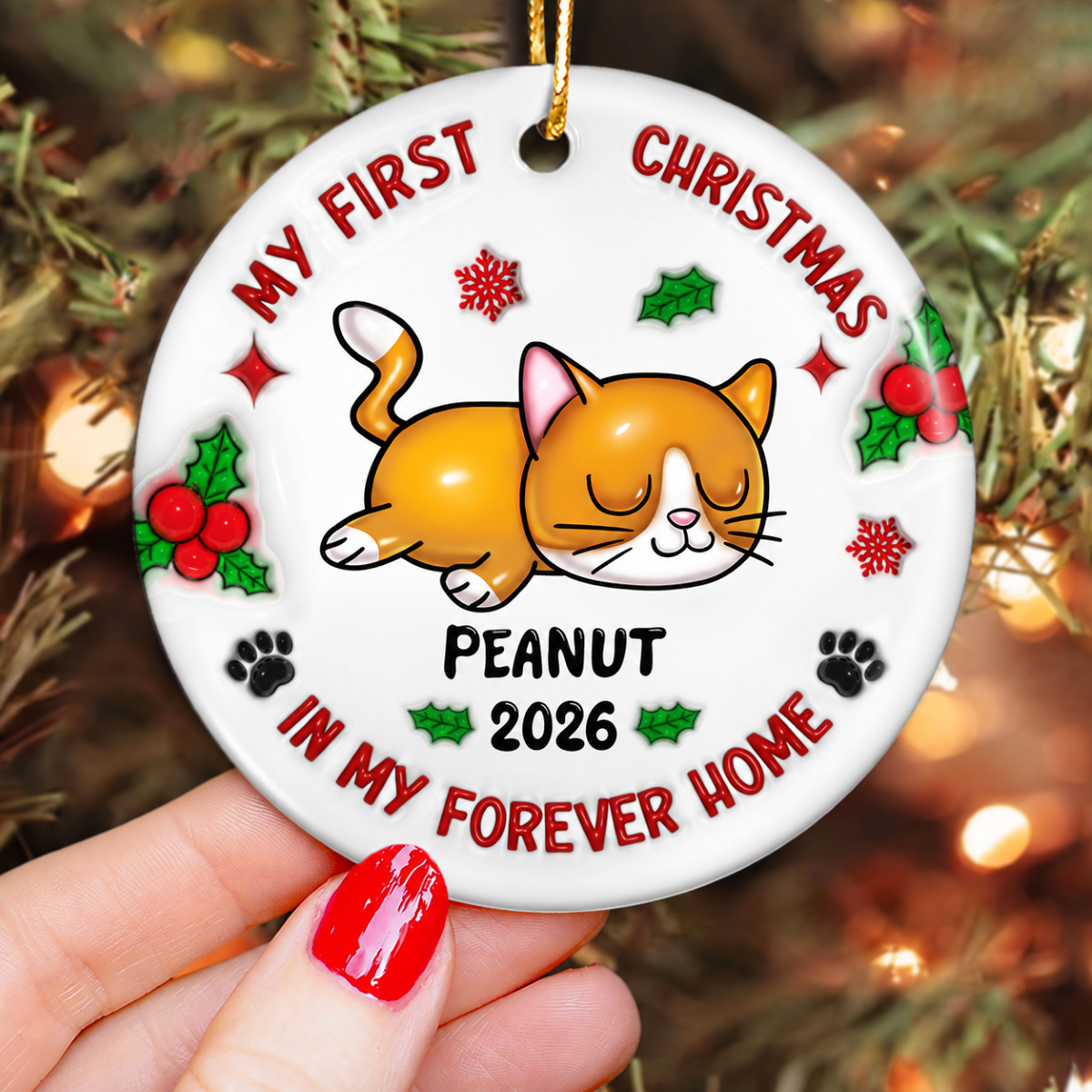 First Christmas In My Forever Home 3D Inflated Cat Lover Personalized Ceramic Ornament