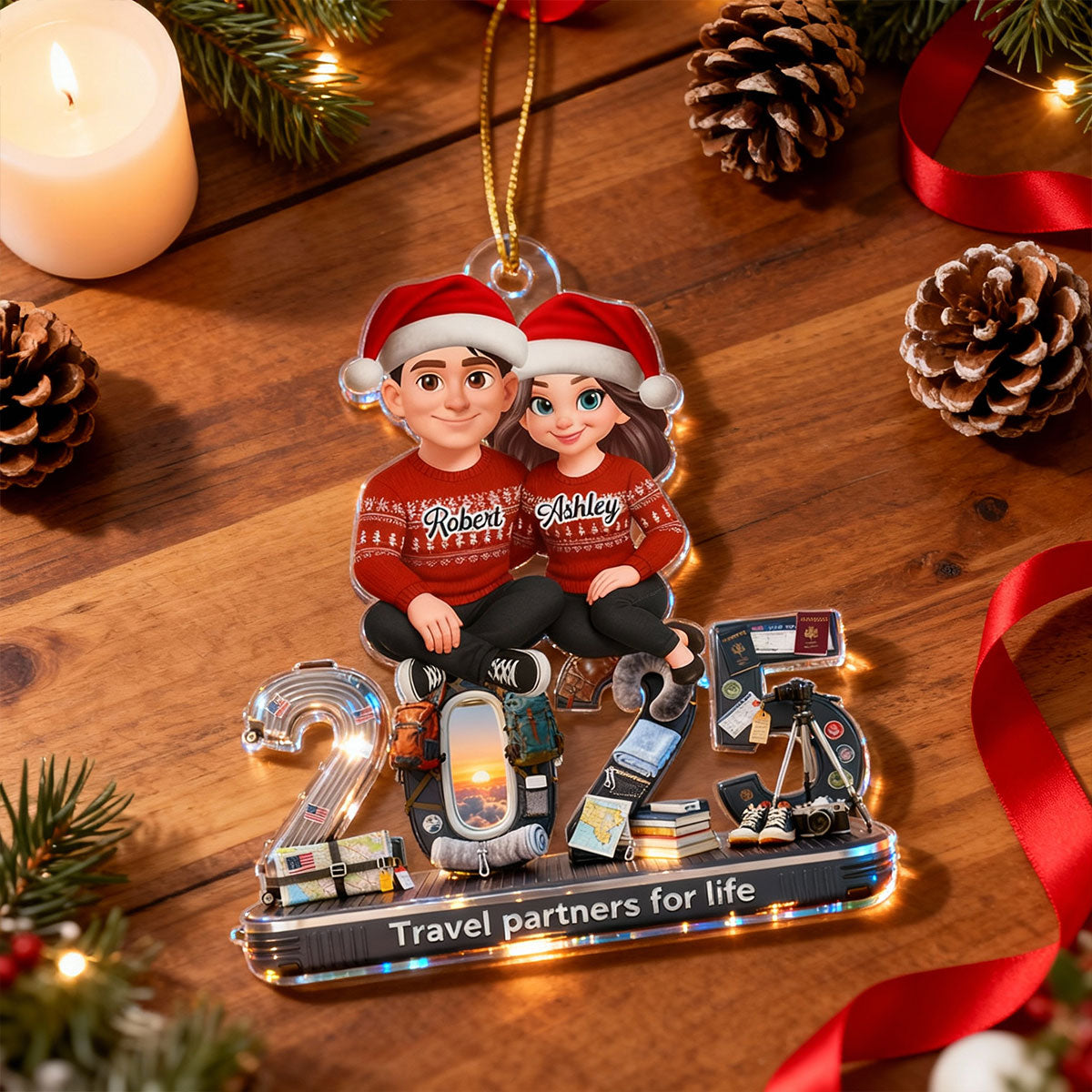 3D Effect Couple Travel Partners For Life Signature Symbols Christmas - Personalized Acrylic Ornament - Gift For Traveling Couple, Gift For Him, For Her