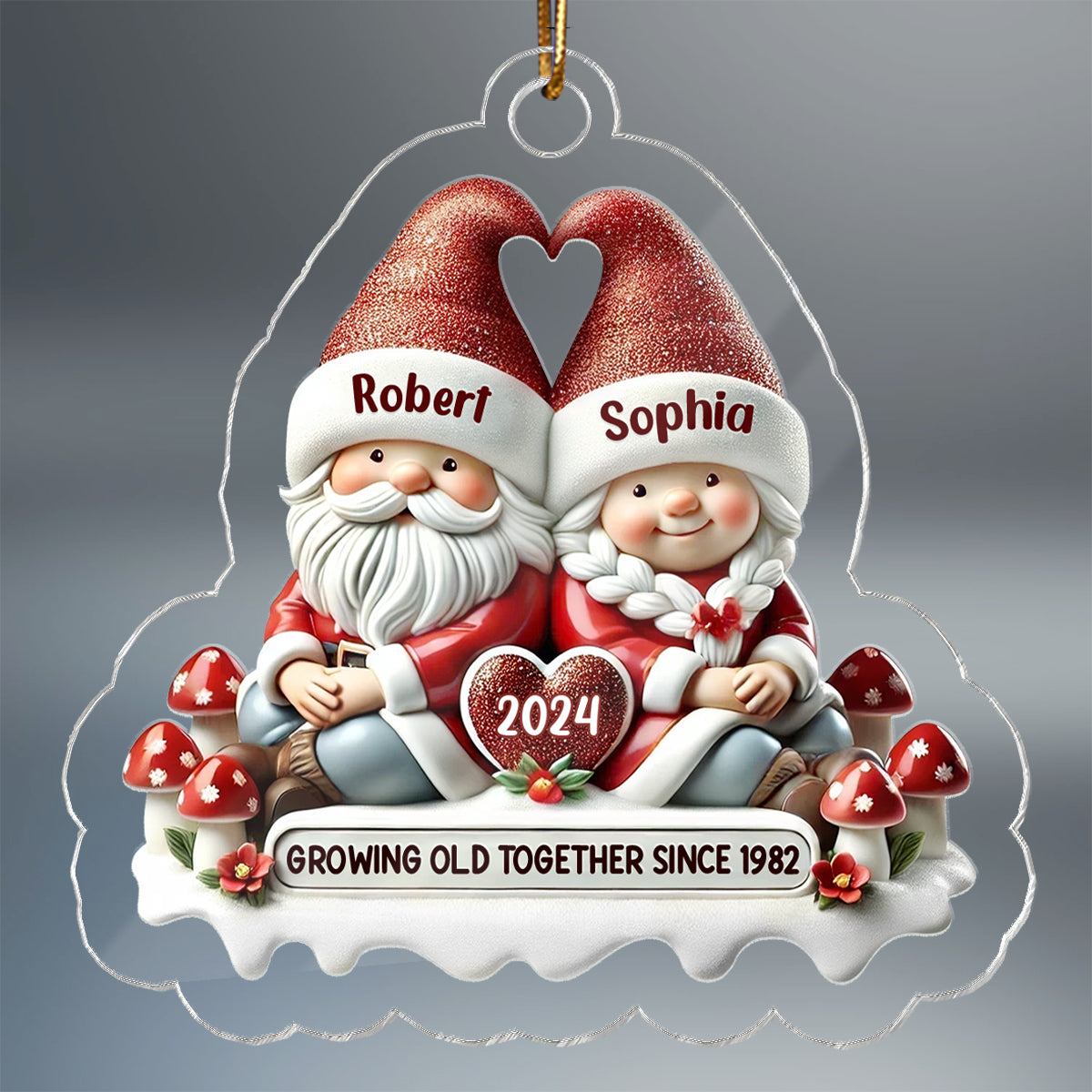 3D Effect Gnome Couple - Personalized Acrylic Ornament - Gift for Him, Gift for Her