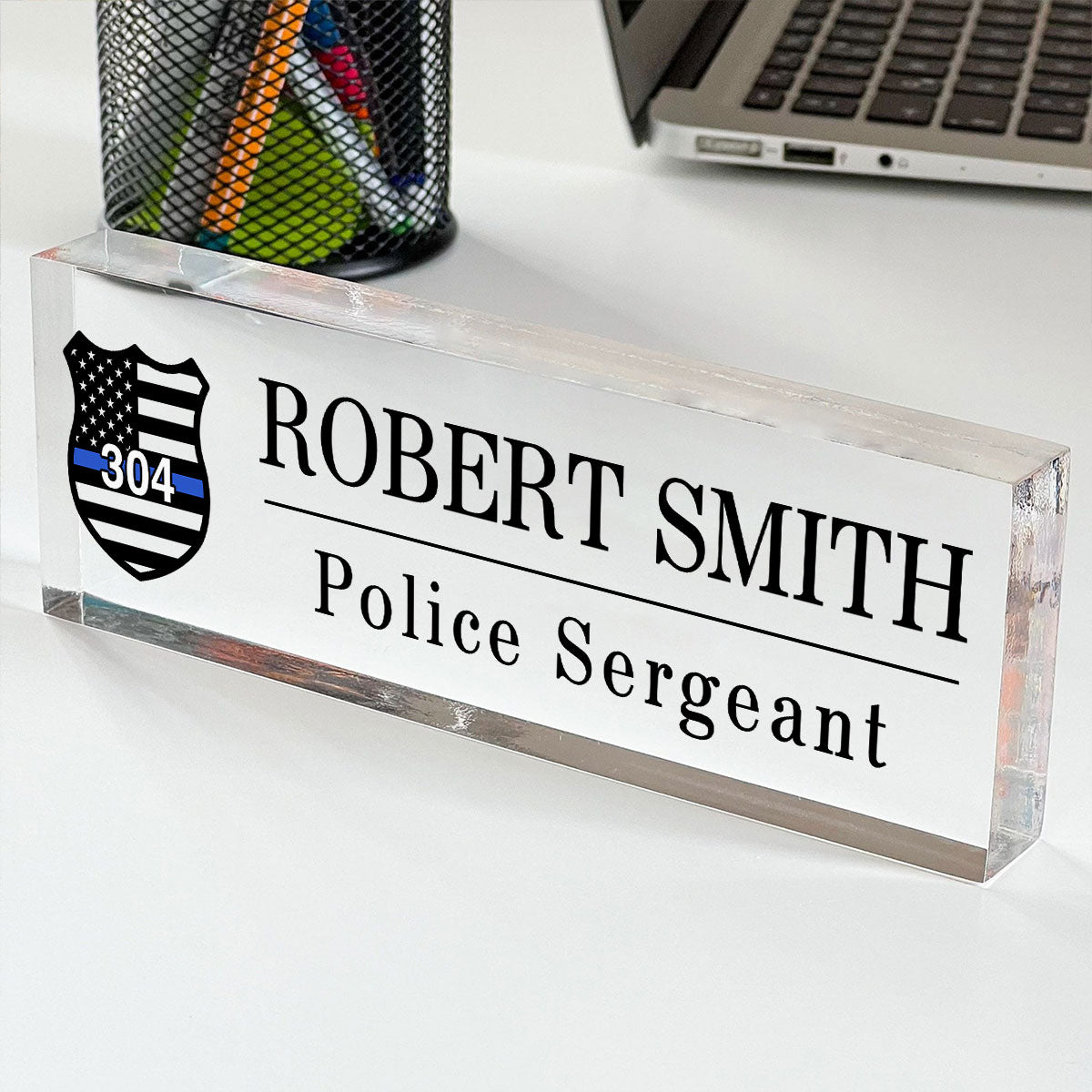 Police Thin Blue Line Personalized Personalized Acrylic Desk Name Plate, Office Decor, Appreciation Gift