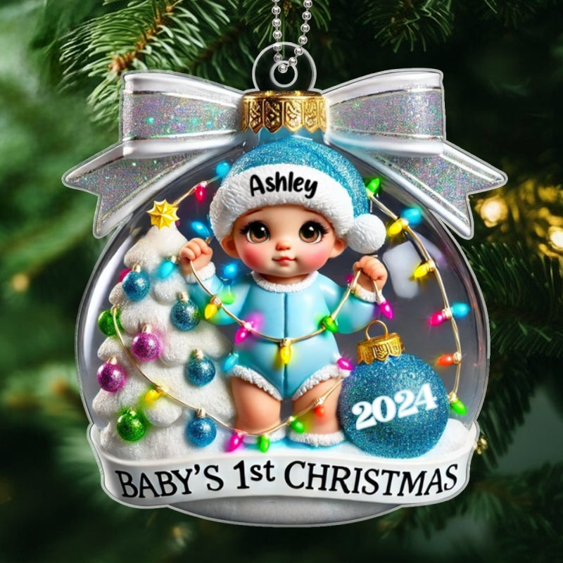 3D Effect Baby First Christmas Personalized Acrylic Ornament, Christmas Tree Bow, New Parents Keepsake, Gift for Newborn