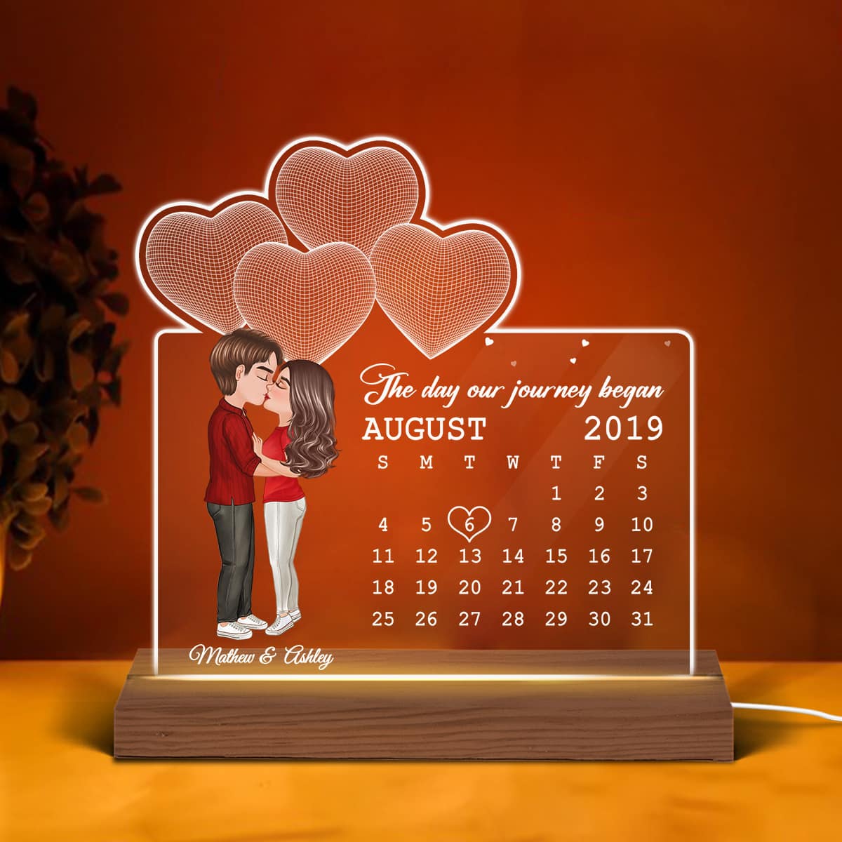 Doll Couple Kissing Under 3D Heart Anniversary Date Calendar Personalized Custom Shape Acrylic Plaque With LED Night Light - Anniversary Gift For Couple - Gift For Him Gift For Her