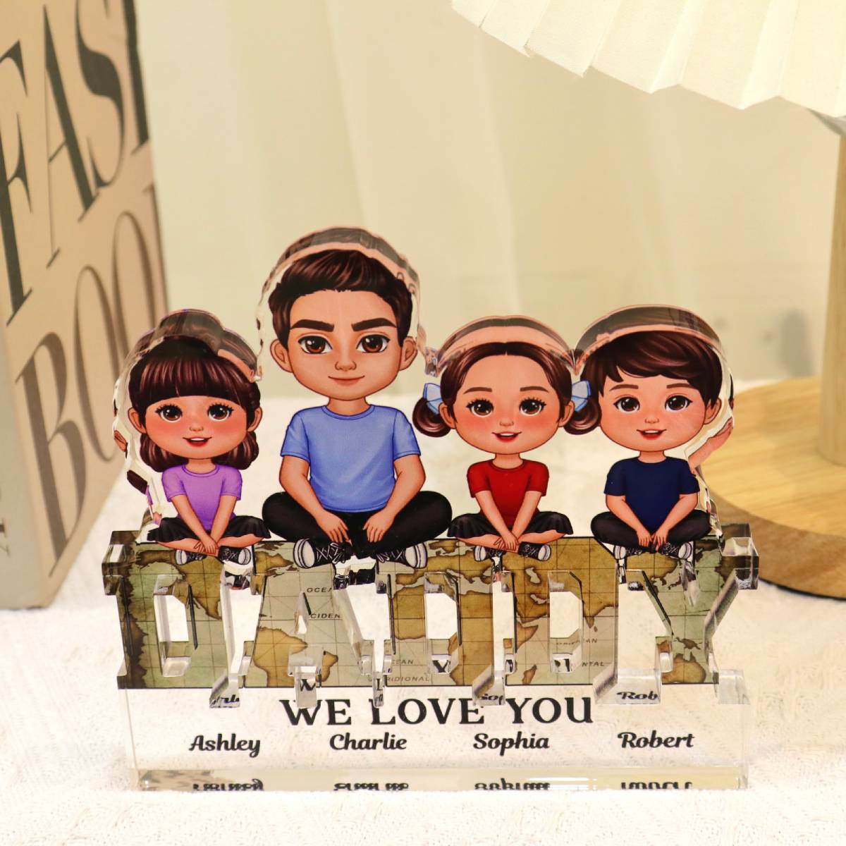 Daddy We Love You Dad & Kids Sitting On Word Personalized Acrylic Block Plaque