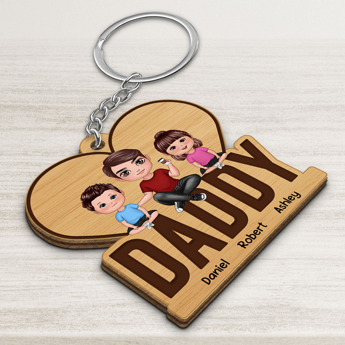 Dad And Kids Sitting Personalized Wooden Keychain