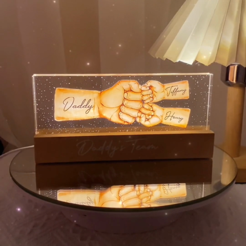 Daddy's Team Fist Bump - Personalized Acrylic Block Plaque LED Night Light - Gift For Dad, Gift For Husband, Gift For Grandpa