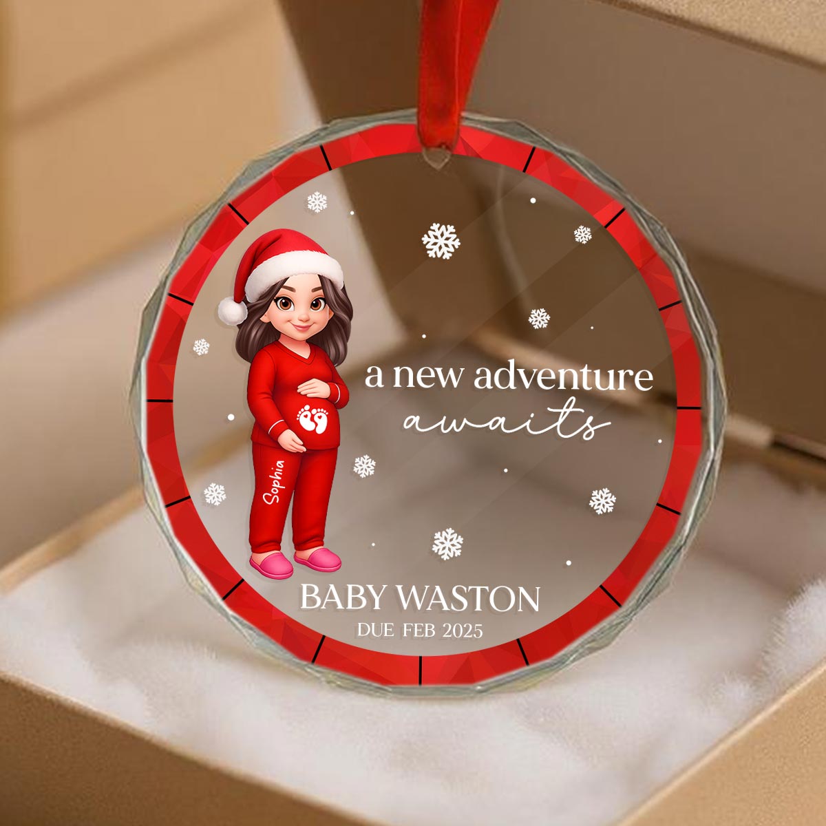 Christmas Pregnant Mom Baby Bump Pregnancy Expecting Baby Arriving - Personalized Glass Ornament