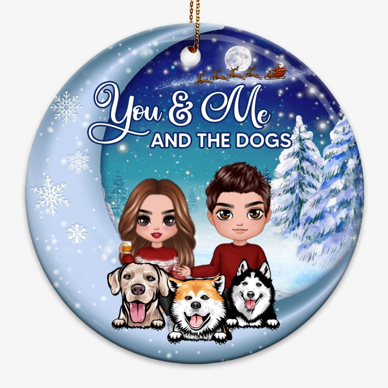 Couple And Dogs Christmas Moon Night Personalized Circle Ornament