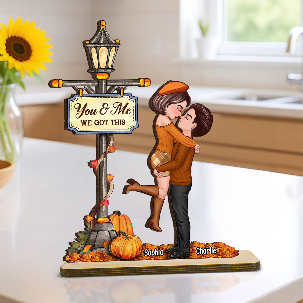 Under Lamp Post Fall Season Couple Kissing Personalized Standing Wooden Plaque