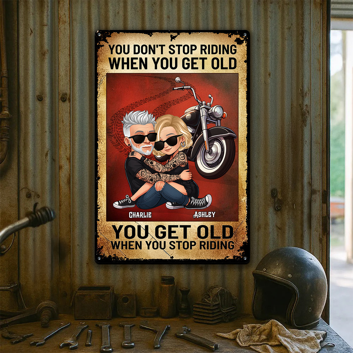 You Don't Stop Riding When You Get Old Biker Couple Personalized Metal Sign, Gifts For Riders