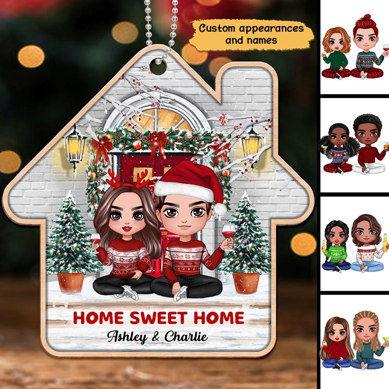 Christmas Doll Couple Sitting On The Front Porch Personalized Wooden Ornament