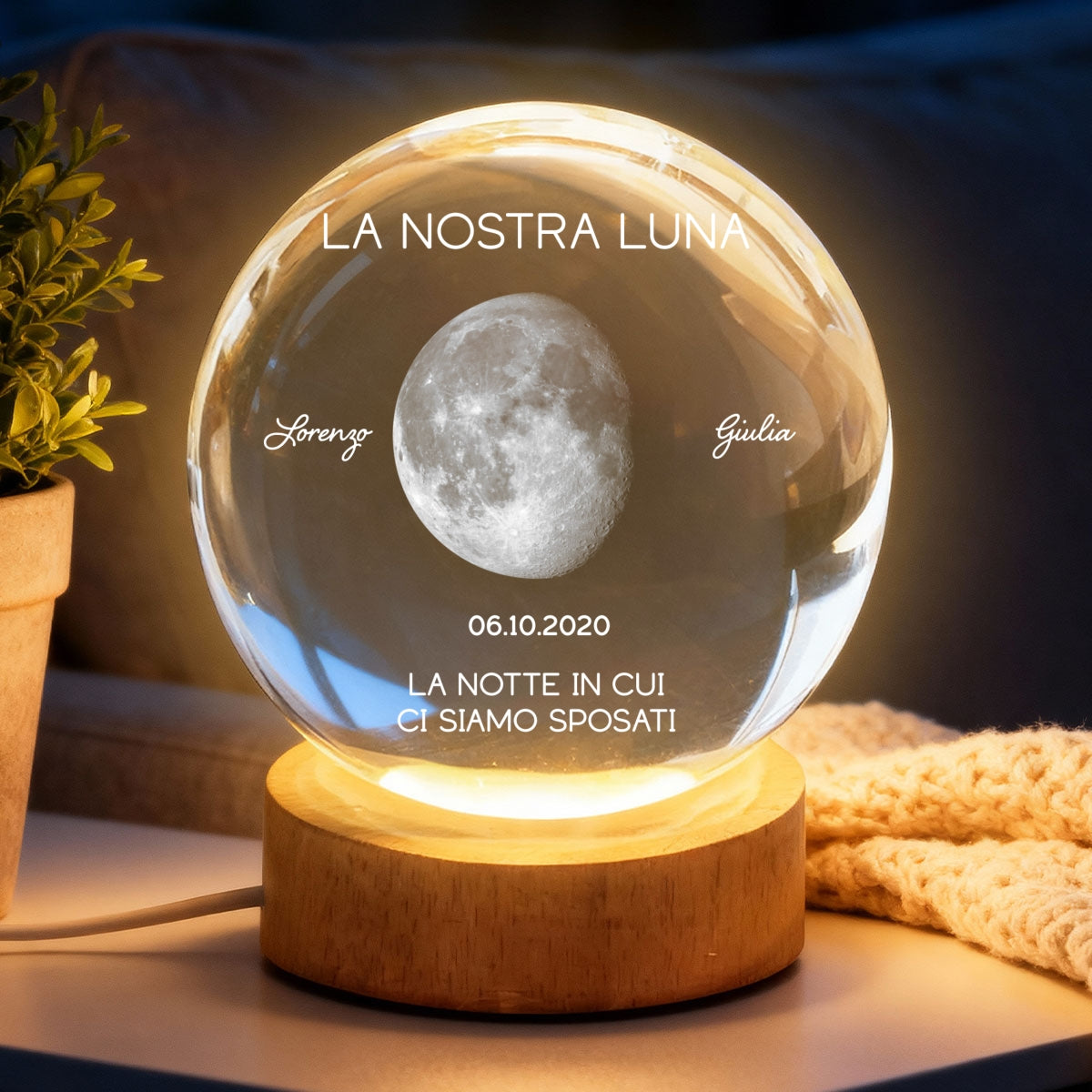 La Nostra Luna – Fase Lunare Personalizzata per Data – Sfera di Cristallo con Luce Notturna – Regalo di Anniversario
