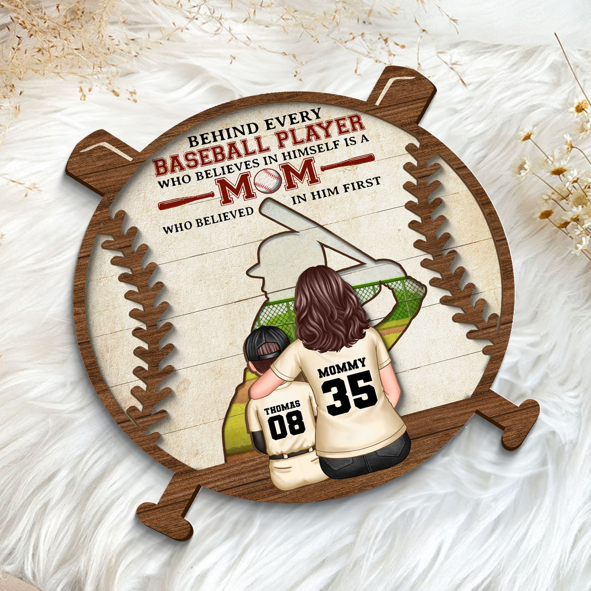 Baseball Mom Behind Every Baseball Player Personalized 2-Layer Wooden Plaque, Gift for Mom