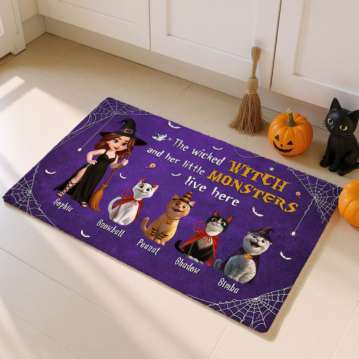 Halloween Wicked Witch & Little Monsters Cartoon Cats Personalized Doormat, Halloween Decor For Cat Lovers