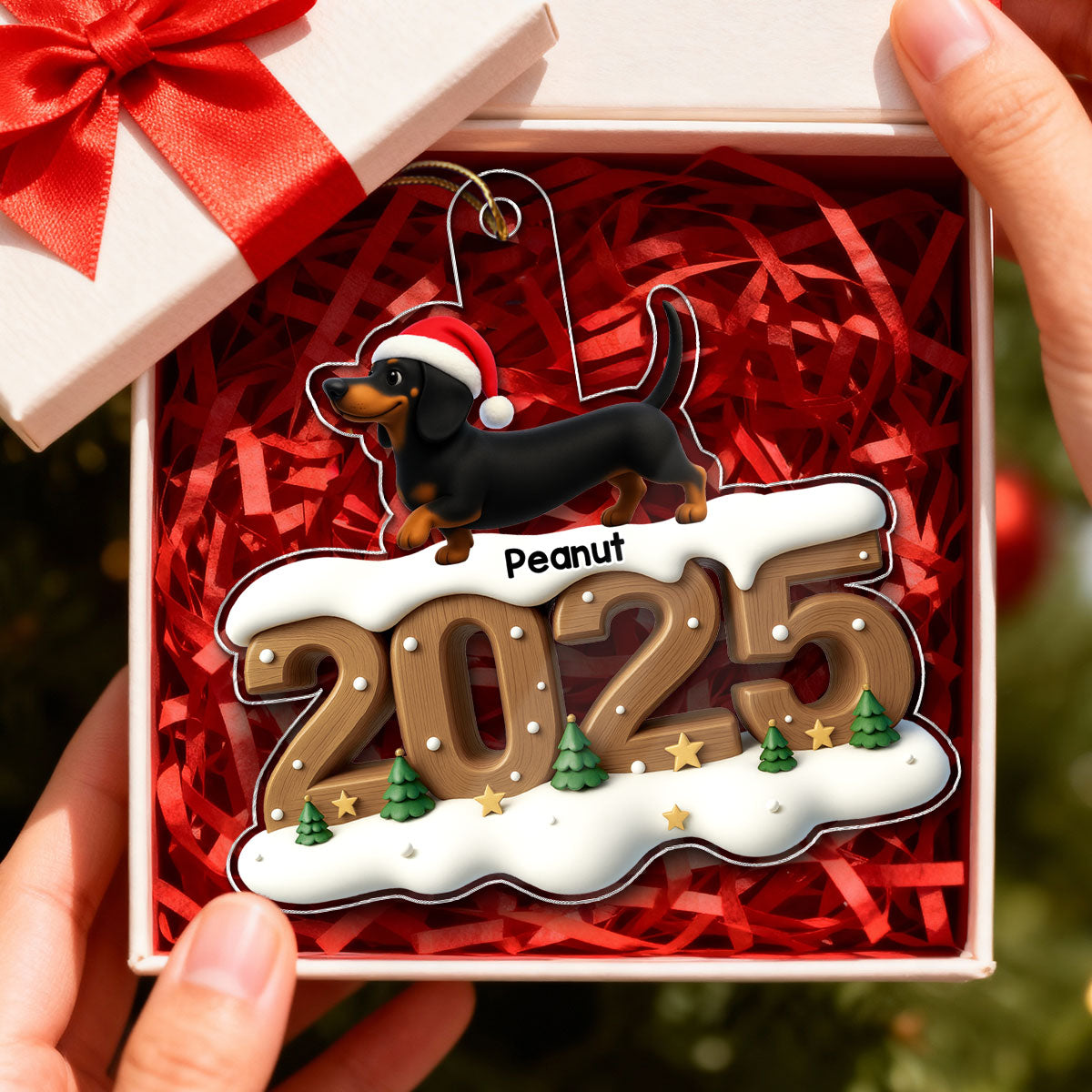 3D Effect Christmas Dachshunds Walking - Personalized Acrylic Ornament - Gift For Dachshund Lovers