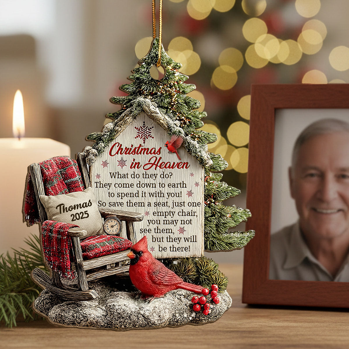 3D Effect Memorial Chair On Christmas - Personalized Wooden Ornament - Christmas Memorial Keepsake For Family