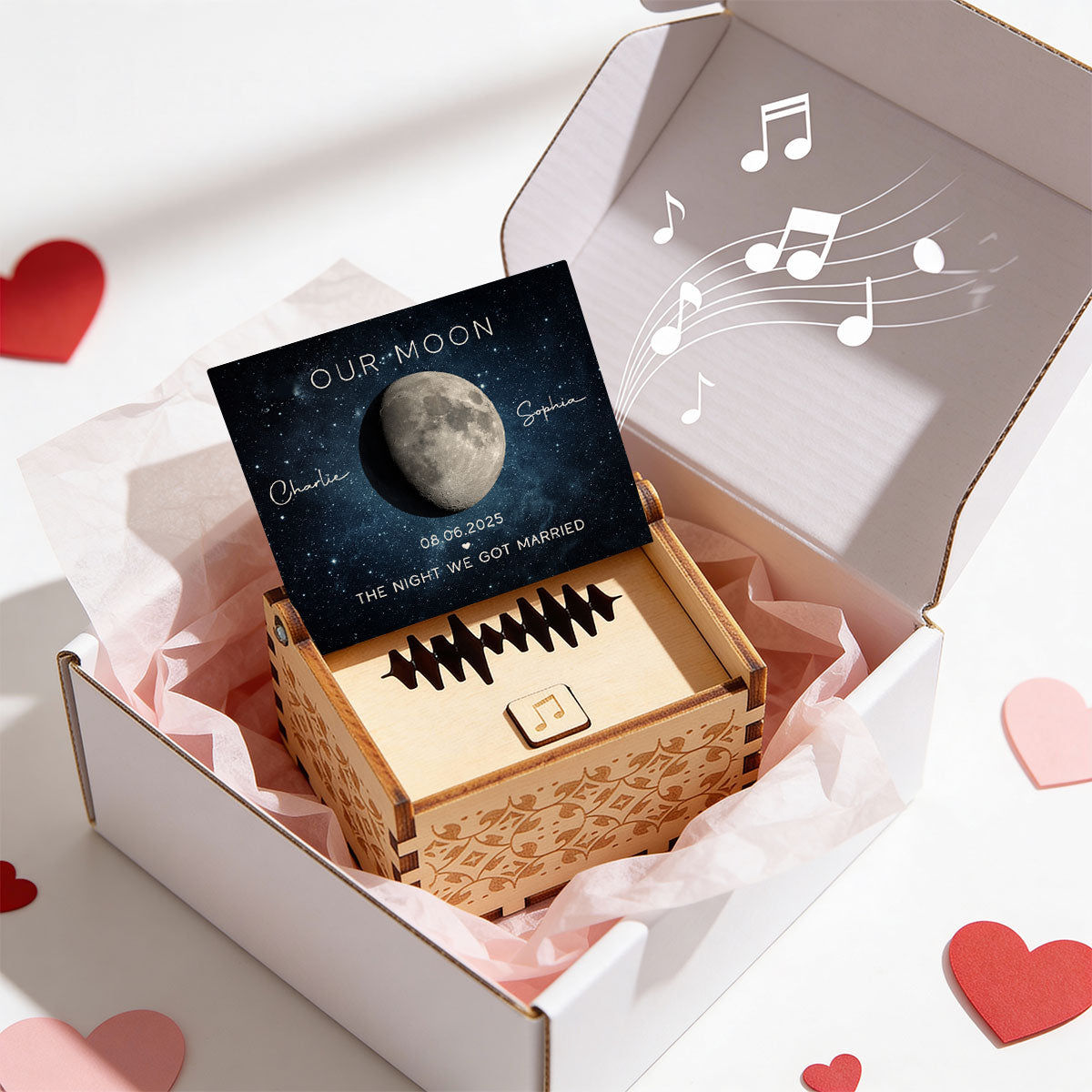 Our Moon Custom Moon Phase & Favorite Song - Personalized Wooden Music Box - Valentine's Day Gift For Him, Gift For Her