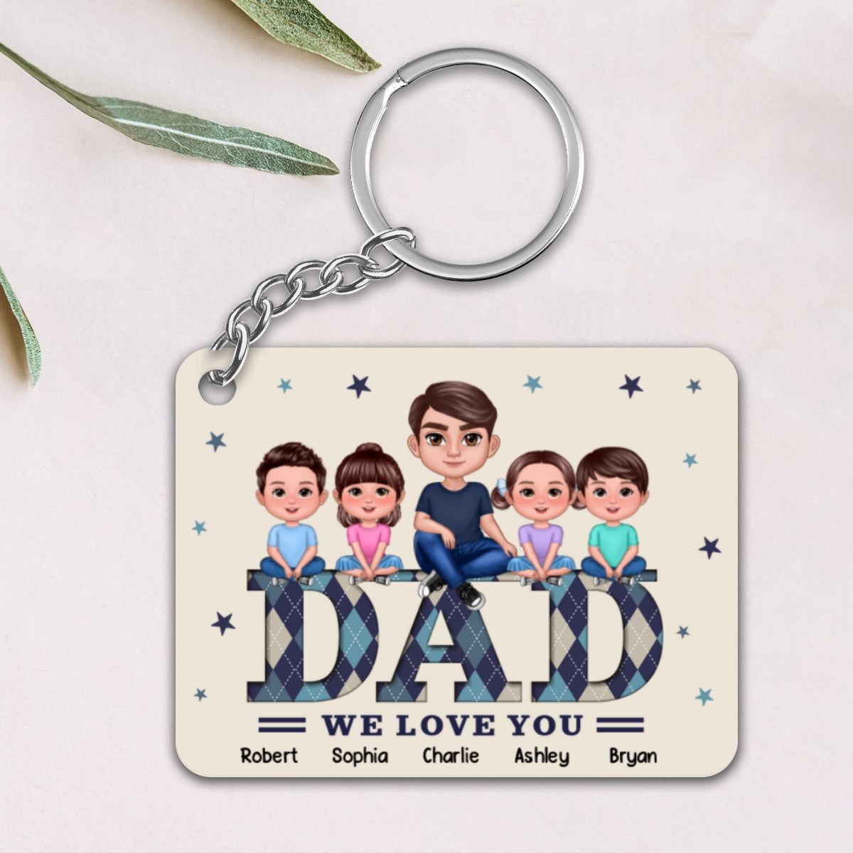 Doll Man Dad And Kids Argyle Pattern Personalized Acrylic Keychain