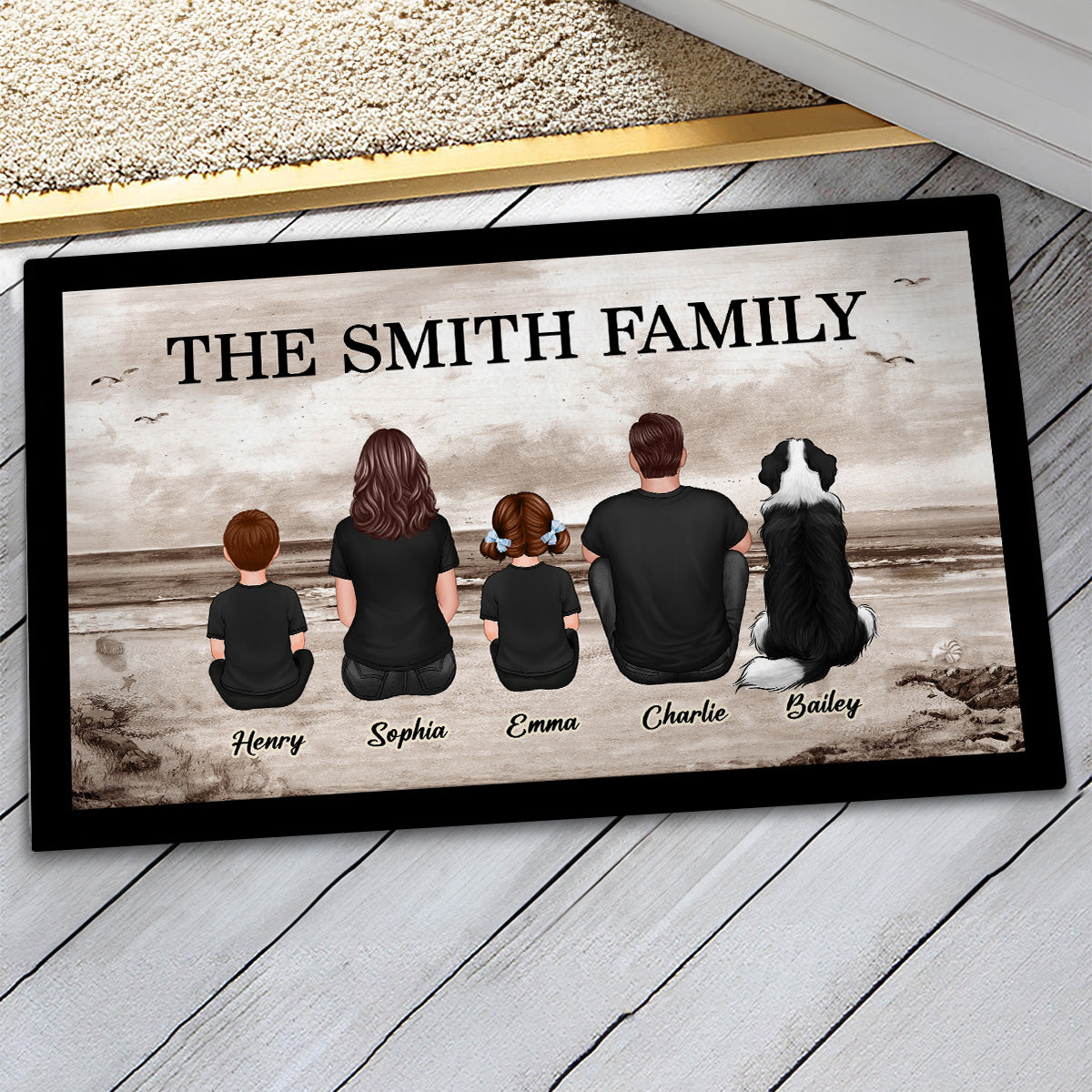 Retro Vintage Family Sitting Beach Landscape Personalized Doormat