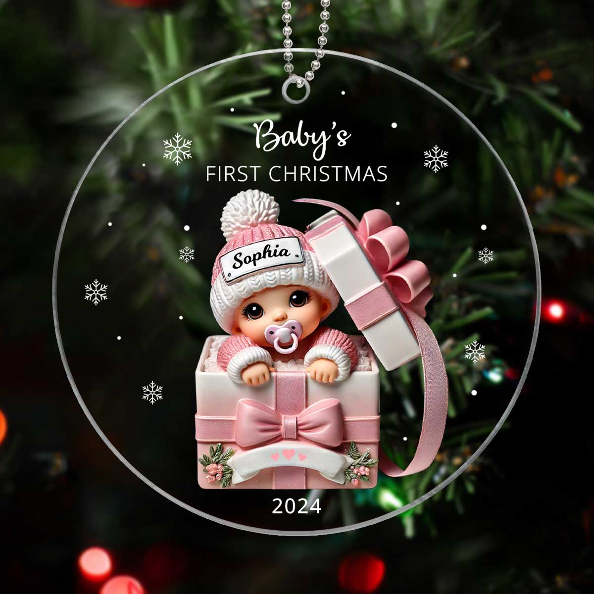 Baby Inside Gift Box Personalized Acrylic Ornament, Baby First Christmas Keepsake