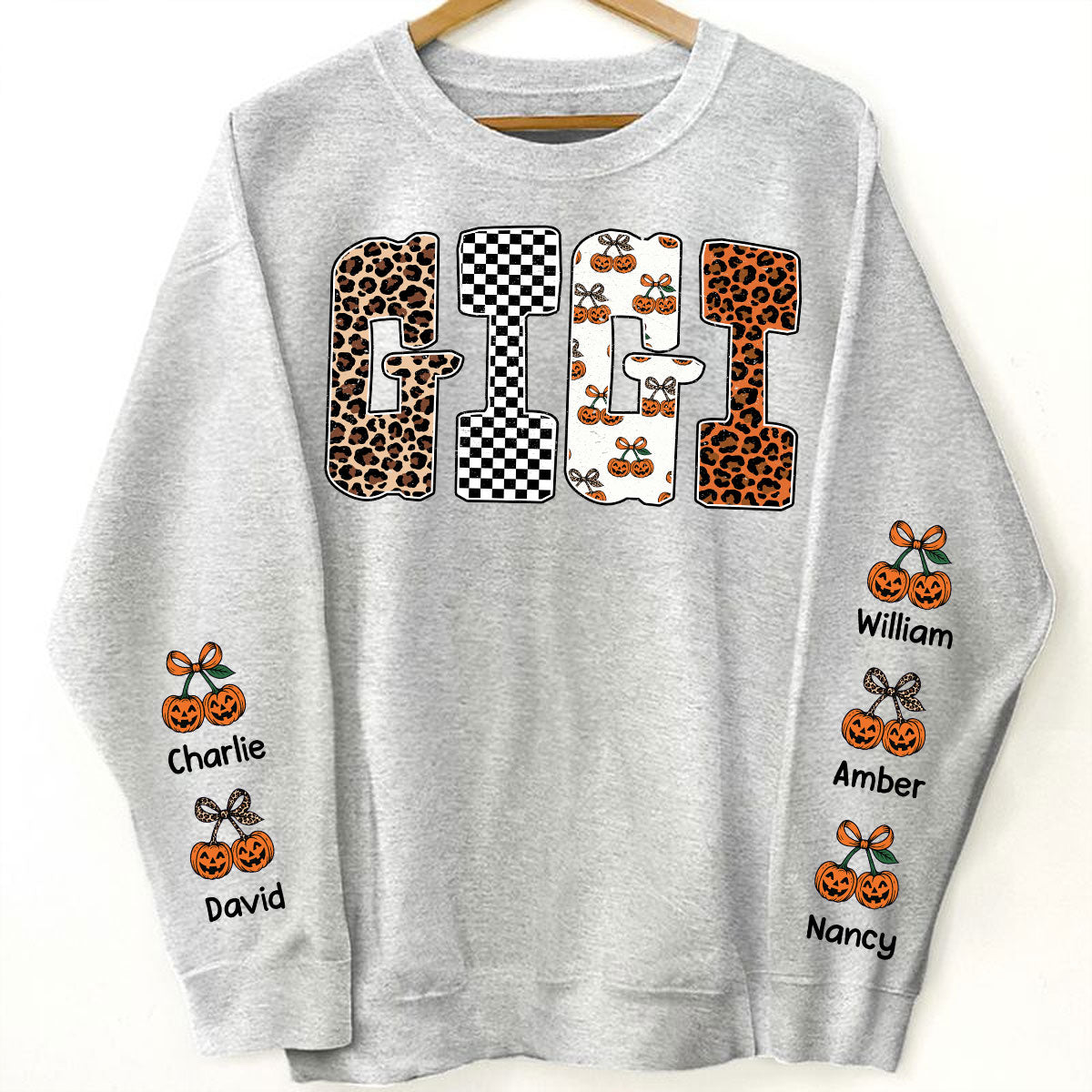 Trendy Fall Mama Personalized Sweatshirt – Leopard, Pumpkin & Checkerboard Fall Halloween Sweatshirt