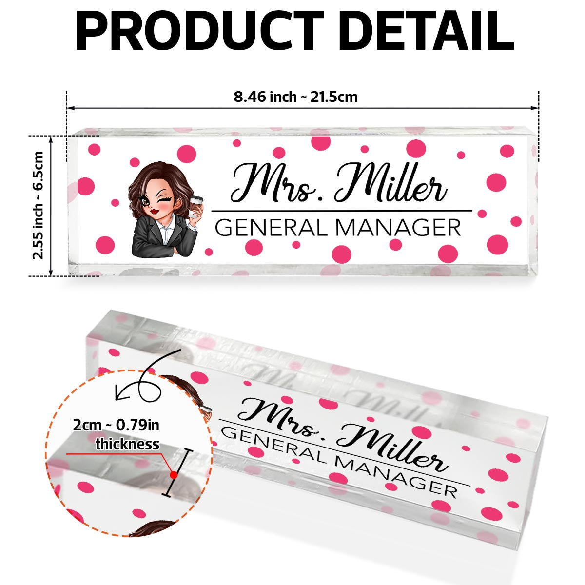 Polka Dot Woman Personalized Acrylic Desk Name Plate, Office Desk Decor, Gift For Colleagues, Coworkers, Boss