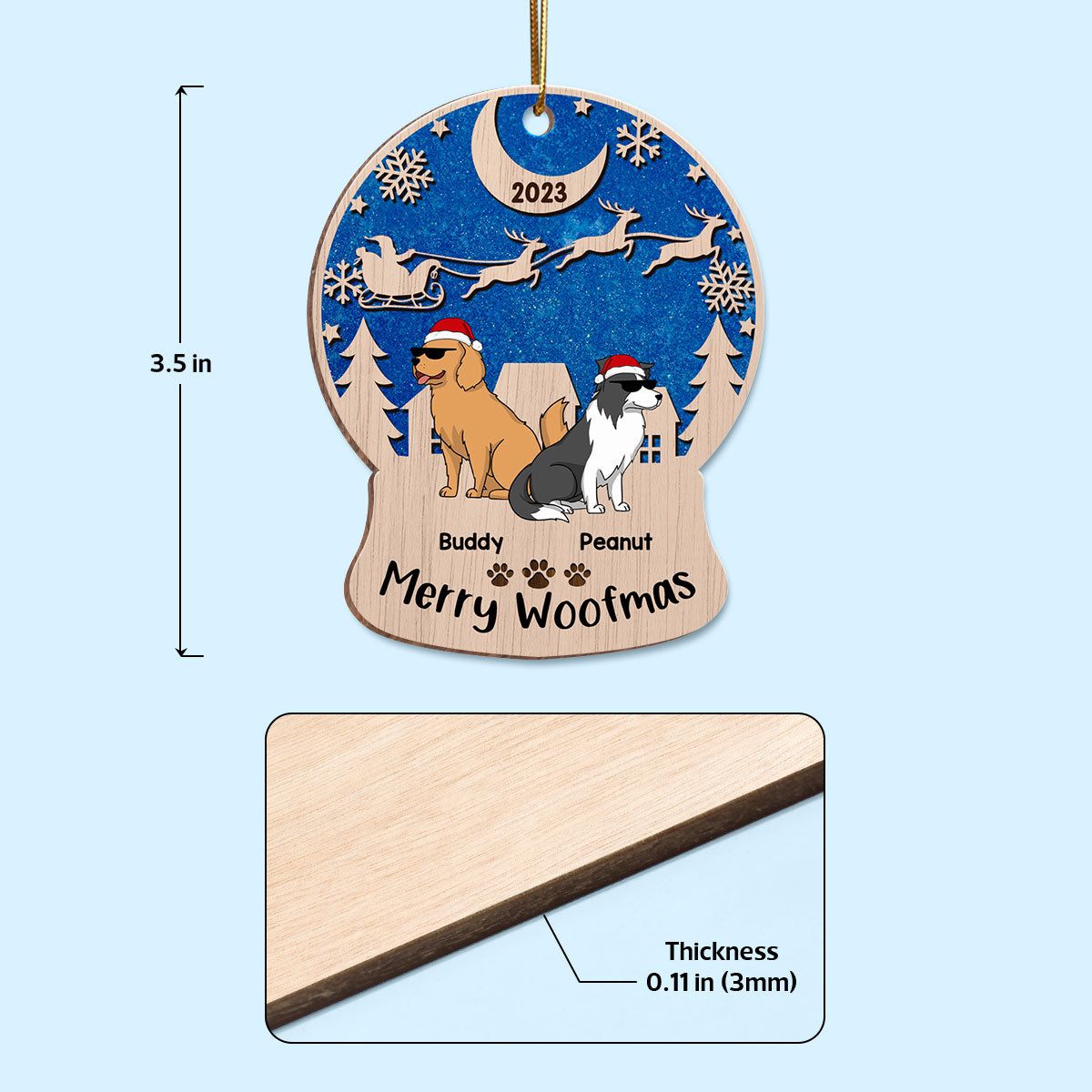 Merry Woofmas Blue Galaxy Sky Night Funny Cartoon Dogs Personalized Wooden Ornament