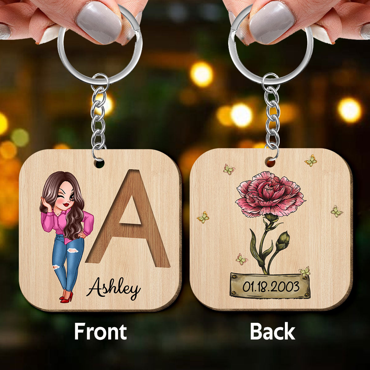 Custom Character & Birth Flower Initial Name Birthday Gift For Family Friends Personalized Wooden Keychain