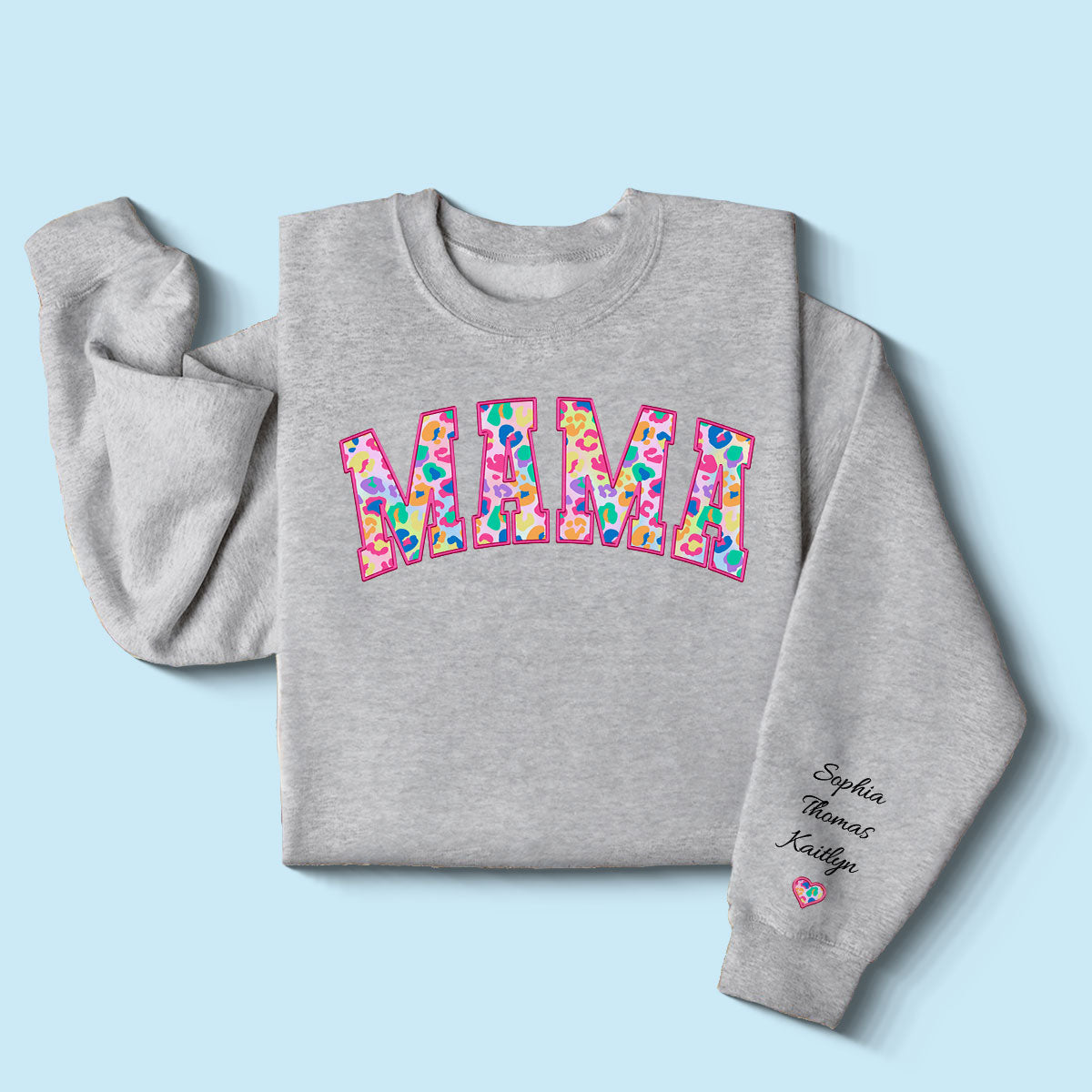 Mama Colorful Leopard Kids Names On Sleeve Personalized Sleeve Printed Sweatshirt