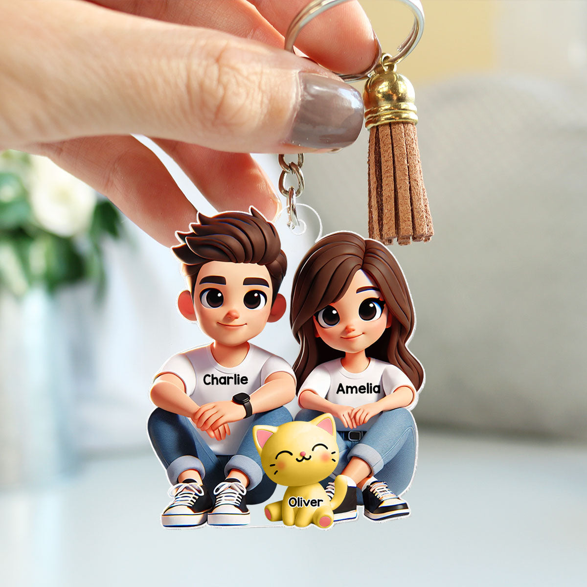 3D Effect Cute Couple And Dogs Cats Sitting Personalized Acrylic Keychain, Anniversary Gift,  gift