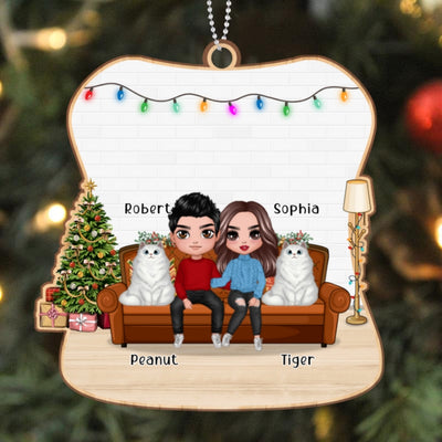 You Me & The Cats On Sofa Personalized Wooden Ornament