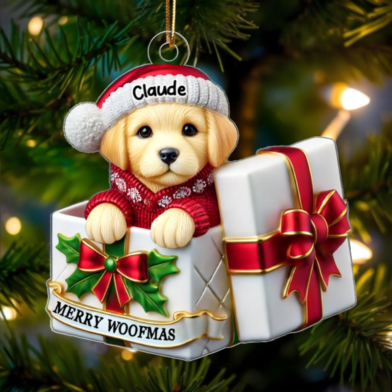 Cute Labrador Dog Inside Red Gift Box Personalized 2D Flat Acrylic Ornament, Christmas Gift for Dog Lovers