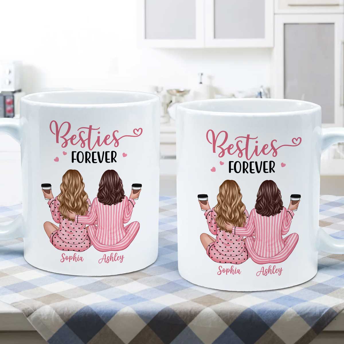 Pink Pajamas Besties, Besties Forever Personalized Mug, Heartfelt Gift For Best Friends, BFF