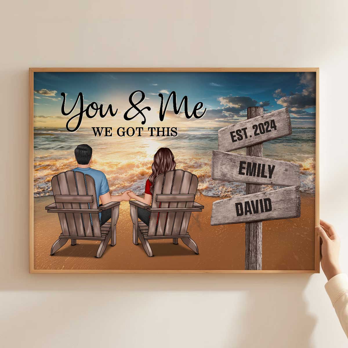 Romantic Beach Landscape Couple Sitting Holding Hands Sign Posts Personalized Poster, Heartfelt 2025  Gift, Anniversary Gift For Girlfriend, For Wife
