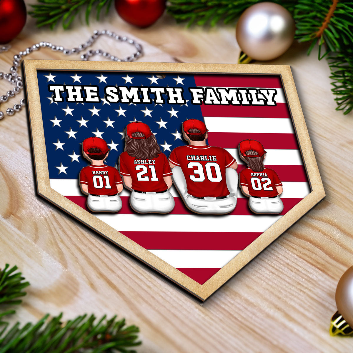 Baseball Family Sitting Personalized 2-Layer Wooden Ornament