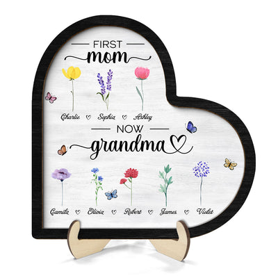 First Mom Now Grandma Birth Month Flowers Heart Shaped Personalized 2-Layer Wooden Plaque