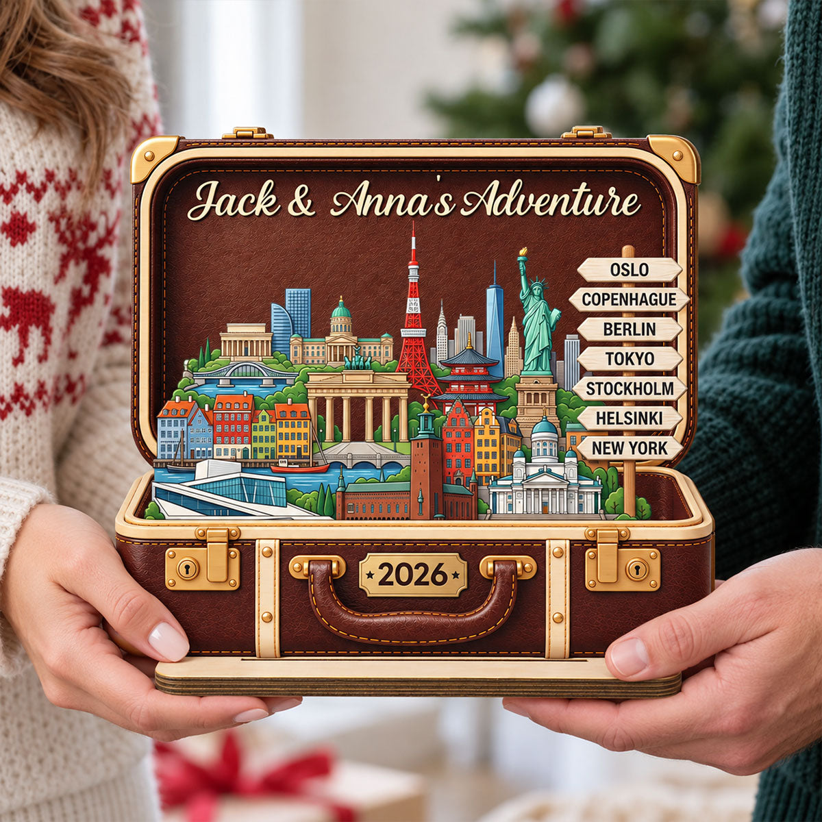 Custom Travel Adventure Suitcase 2D Flat Printed - Personalized 2-Layered Wooden Plaque - Traveling Destination Keepsake, Christmas Gift For Traveling Lovers