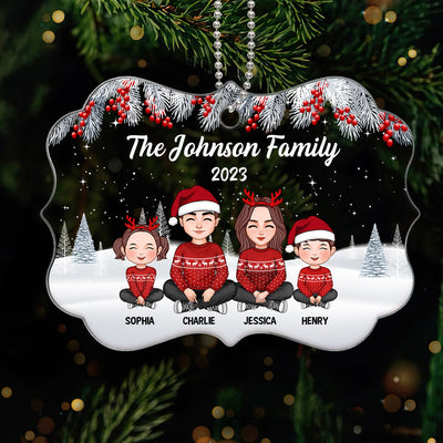Cute Family Sitting In Snow Personalized Acrylic Ornament