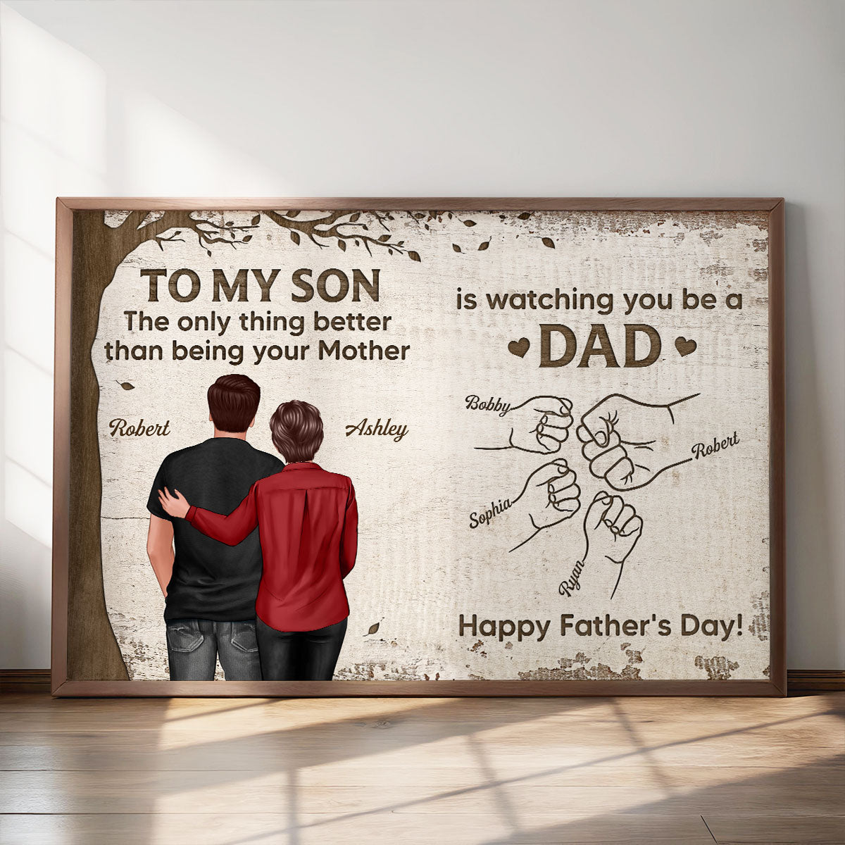 From Mom Dad To Son Watching You Be A Dad Fist Bumps Under Tree Personalized Poster, Gift For Son