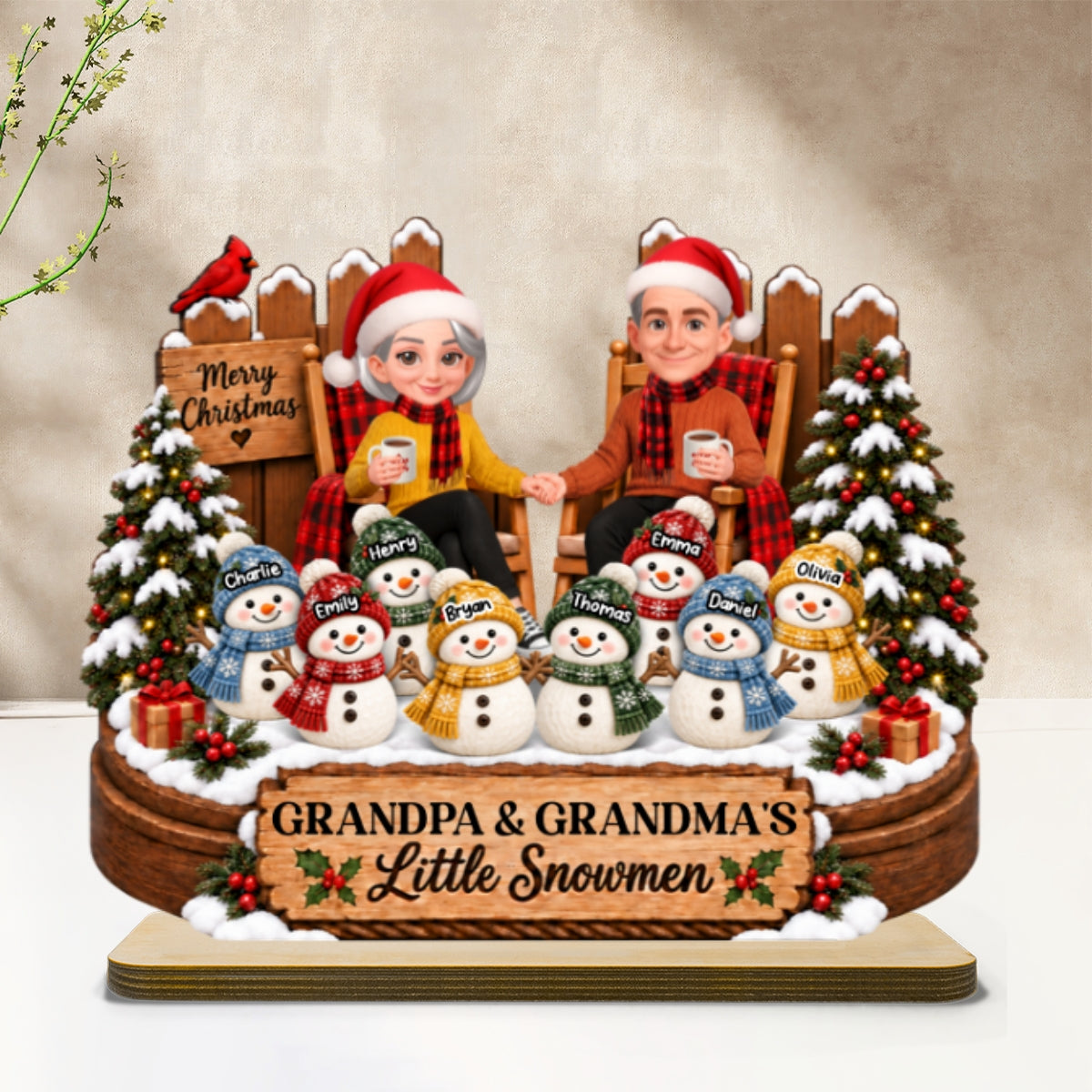 Grandpa & Grandma's Little Snowmen - Personalized 2-Layered Wooden Plaque - Christmas Gift For Grandparents