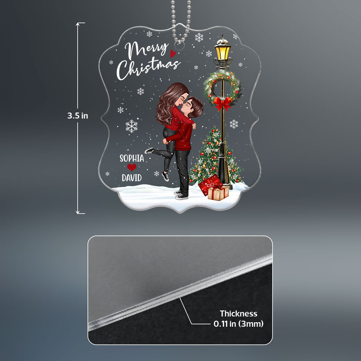 Winter Couple Hugging Kissing Snow Personalized Acrylic Ornament