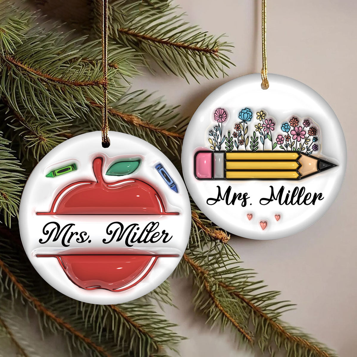 Teacher Things Pencil Apple 3D Inflated Personalized Ceramic Ornament