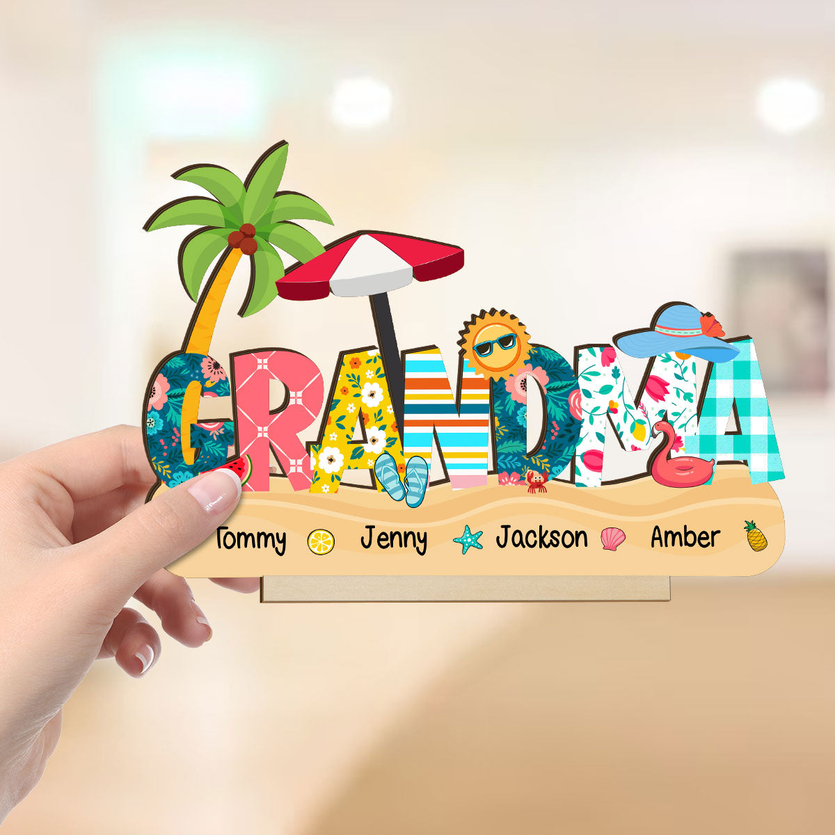 Summer Grandma Mom Pattern Personalized 2-Layer Standing Wooden Plaque