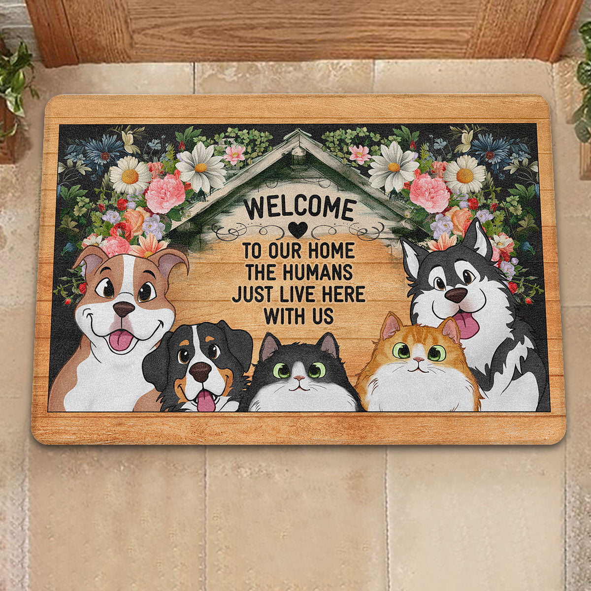 Welcome To Our Home Peeking Dogs Cats Personalized Door Mat