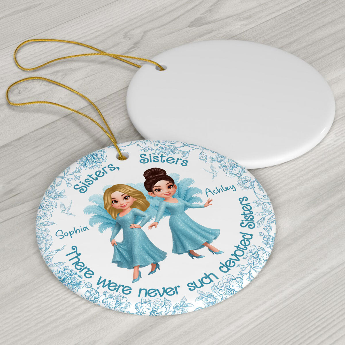 Sisters Sisters Besties in Blue Dresses Personalized Circle Ceramic Ornament
