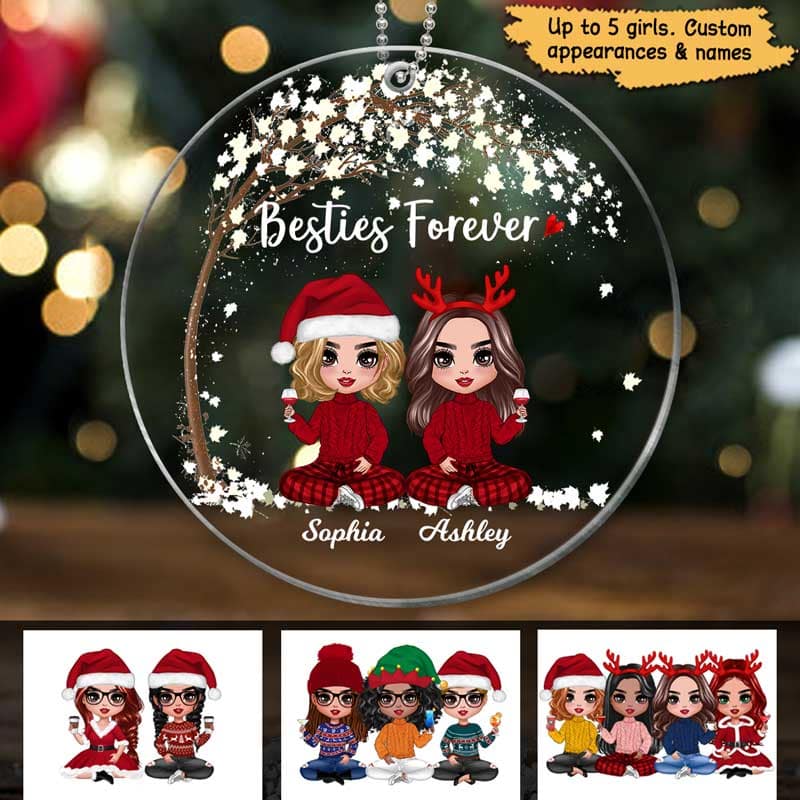 Doll Besties Sisters Sitting Under Tree Christmas Personalized Acrylic Ornament