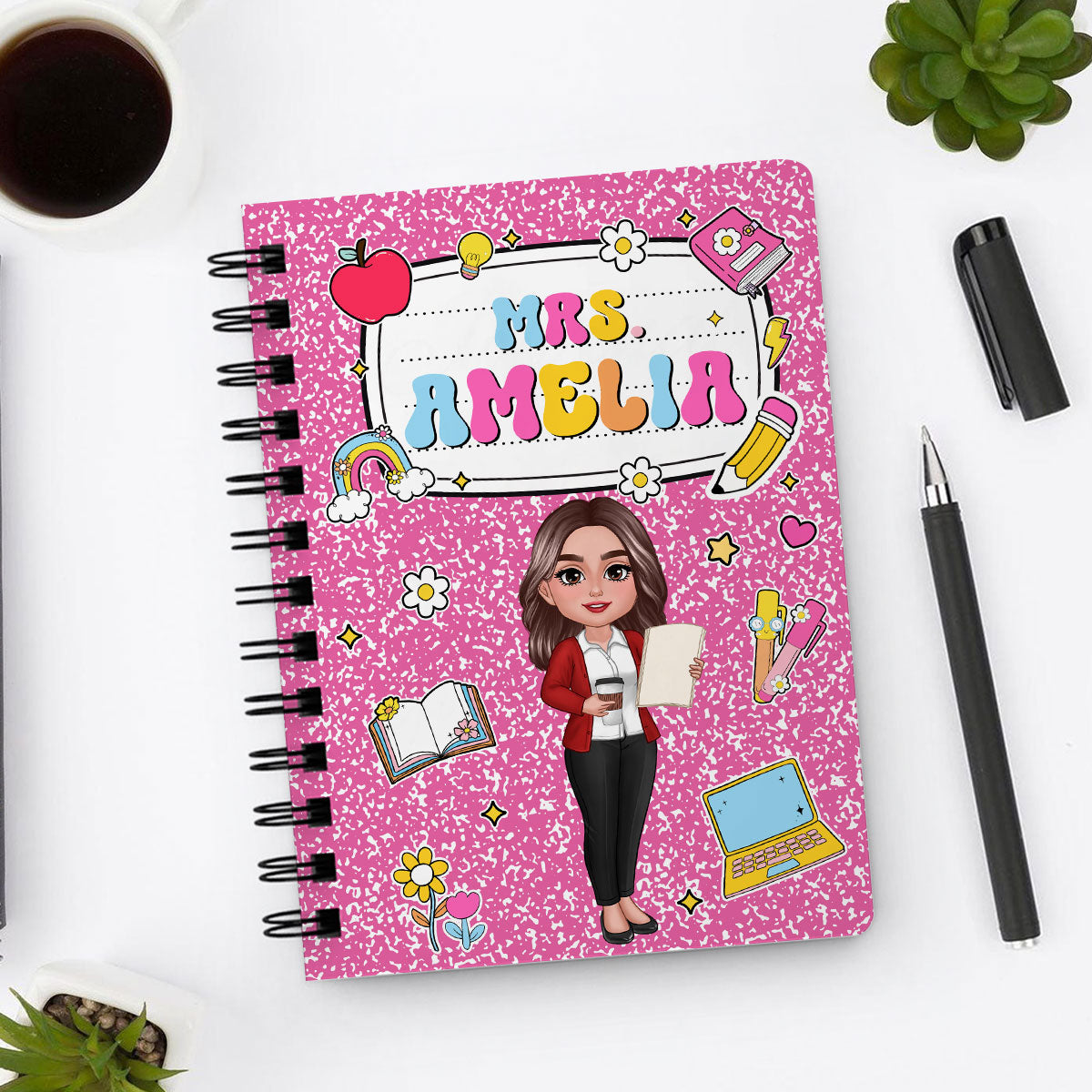 Teacher Composition Book Pattern Personalized Spiral Notebook Journal, Gift For Teacher, Back To School Stationery