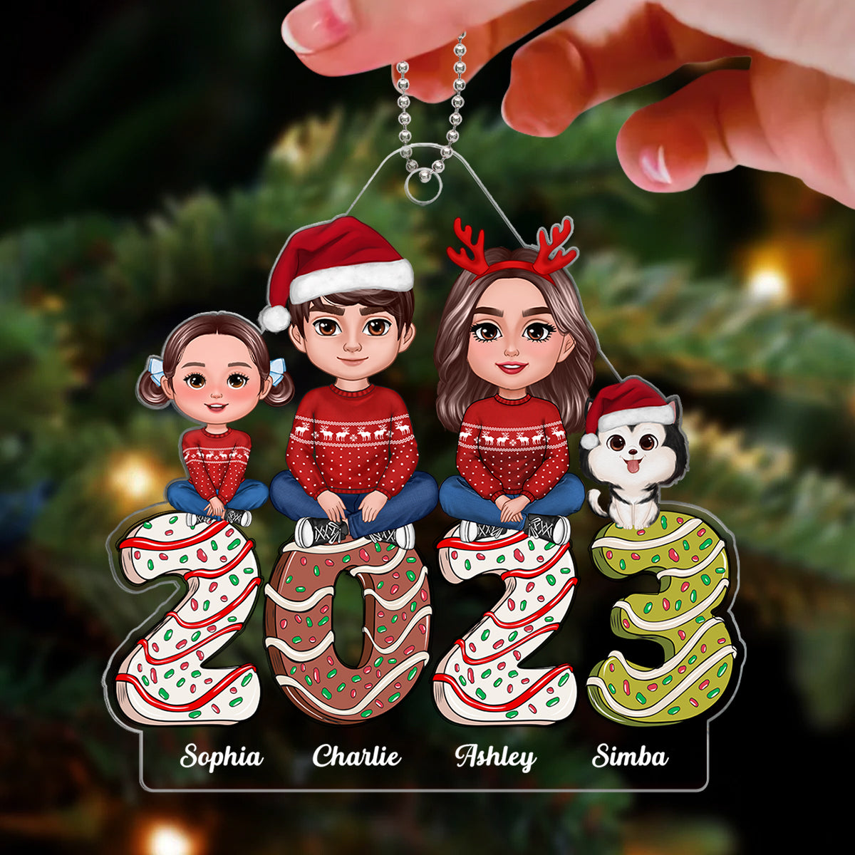 Family Crossed Legs Sitting Dad Mom Kids Dogs Cats Gingerbread 2023 Personalized Acrylic Ornament