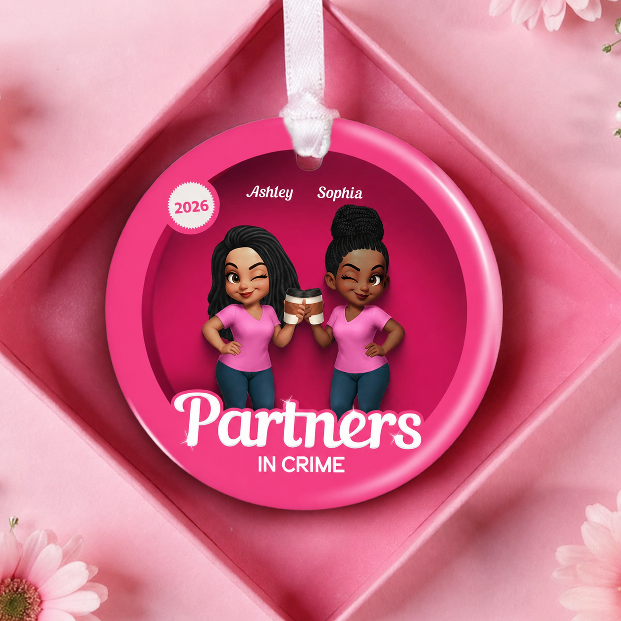 Besties Sisters 3D Effect Pink Toy Box Personalized Circle Ceramic Ornament, Gift for Besties, Best Friends